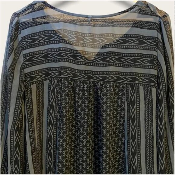 FREE PEOPLE Feather in the Wind Grey Black Sheer Long Sleeve Boho Blouse Beads S - Picture 7 of 13